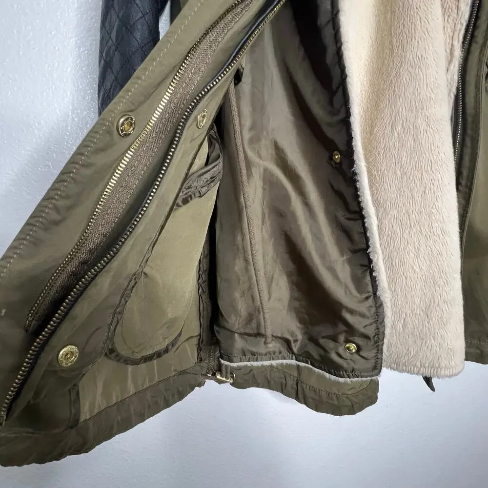 ZARA Jacket Faux Fur Lined Jacket Leather Sleeve Full Zip Hooded Green Black XS